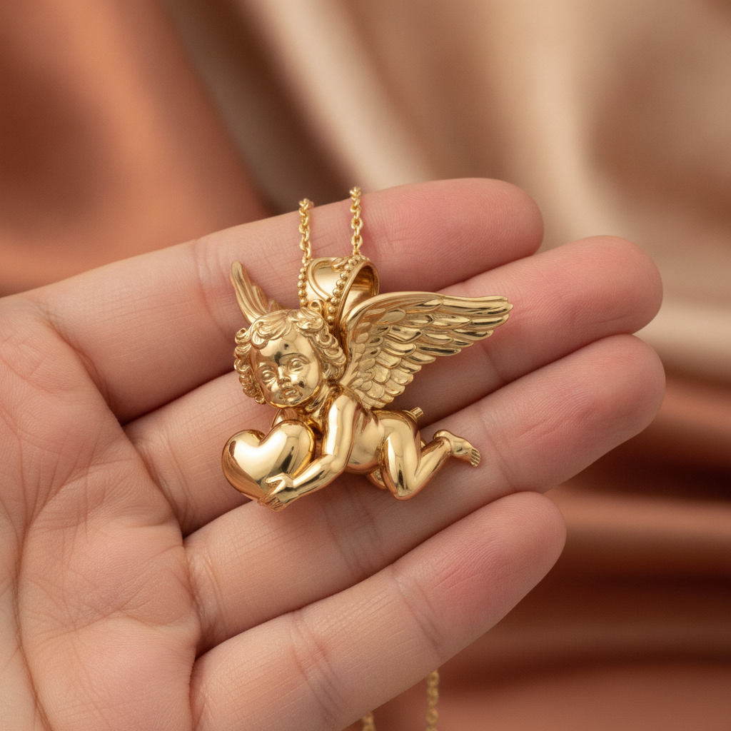 Golden Cherub with Heart Pendant Necklace | Angel of Love & Protection | 9K Gold, Sterling Silver or Polished Brass | Handmade Religious Jewelry Gift