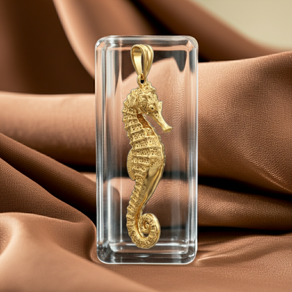 MokshaGoldSculptures Seahorse Pendant Necklace in gold, upright in clear case against brown satin.