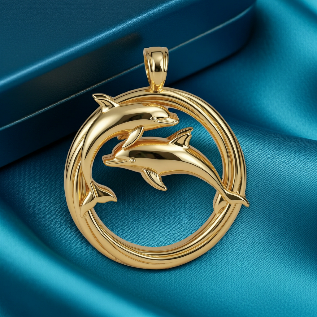 Polished Gold Dolphin Circle Pendant with Integrated Bail – Double Dolphin Necklace – 29 x 23 mm
