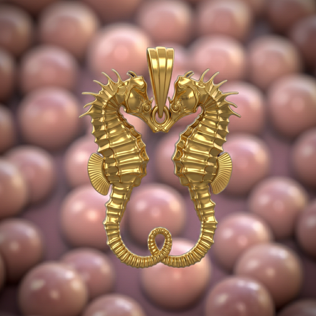The Seahorse Couple Pendant Necklace in gold by MokshaGoldSculptures, entwined seahorses design.