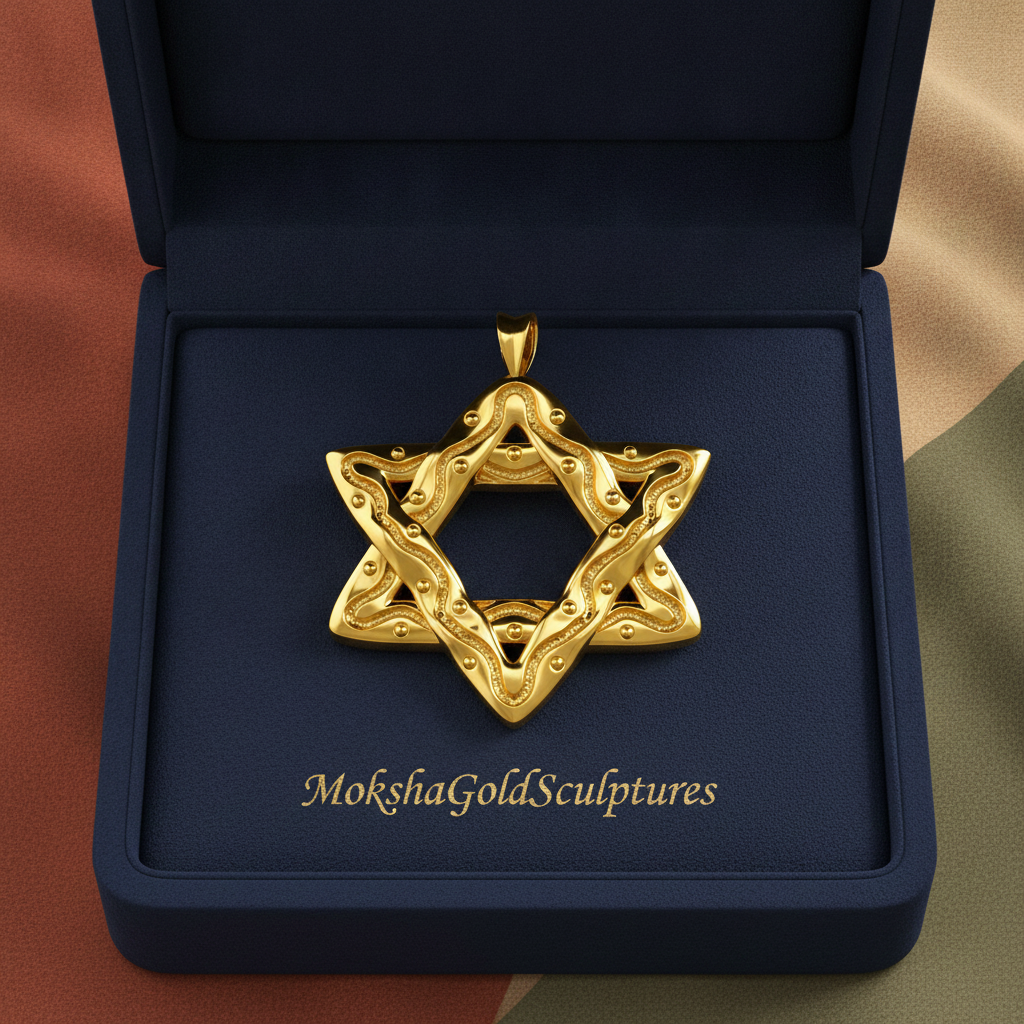 Interwoven Star of David Pendant Necklace in polished yellow brass by MokshaGoldSculptures.