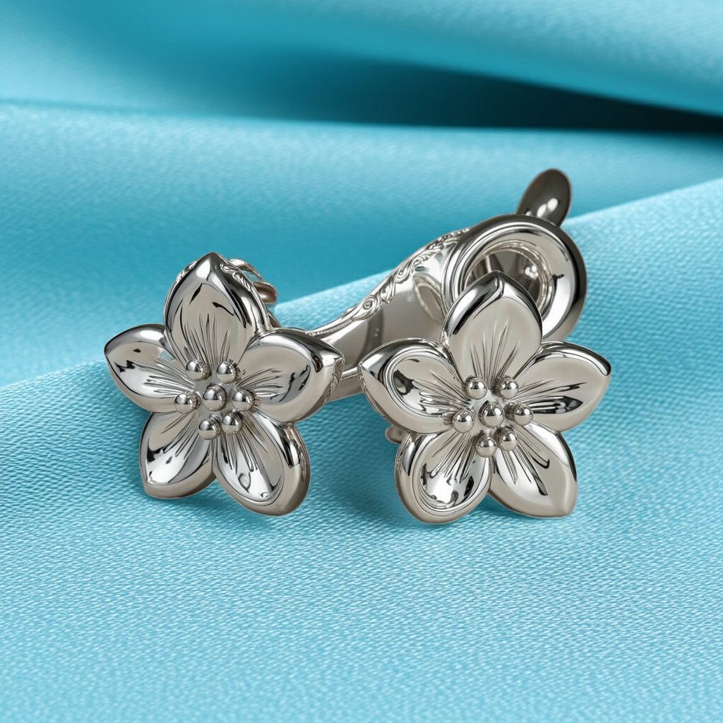Silver Cherry Blossom Earrings, Floral Stud Earrings, Polished Brass Flower Earrings, Minimalist Handmade Jewellery