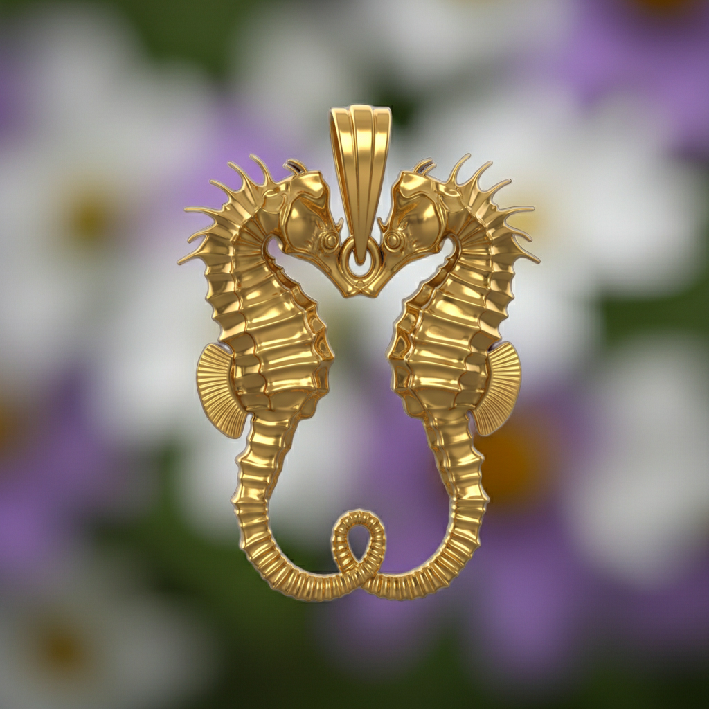 The Seahorse Couple Pendant Necklace in polished gold by MokshaGoldSculptures, seahorses form a heart shape.