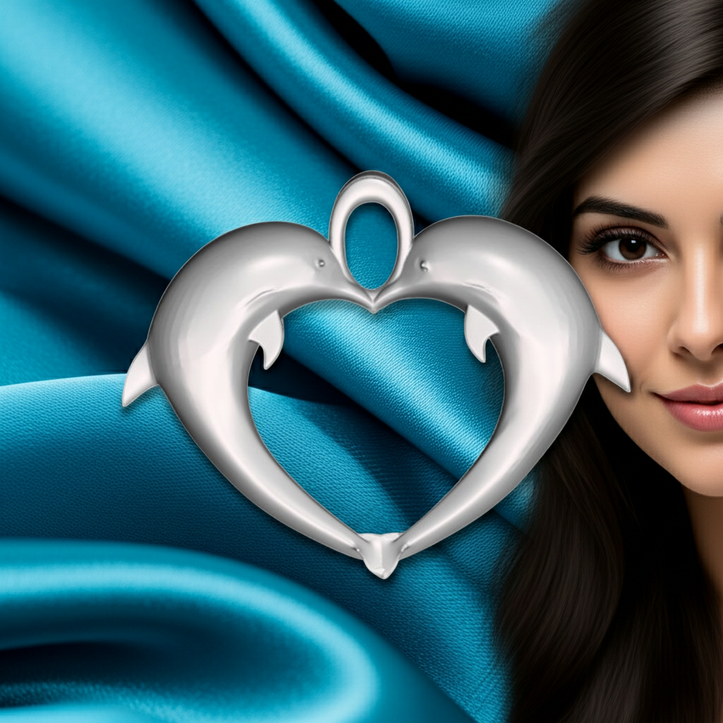 Double Dolphin Heart Pendant with Integrated Bail – Polished Silver or Brass – 29 x 24 mm