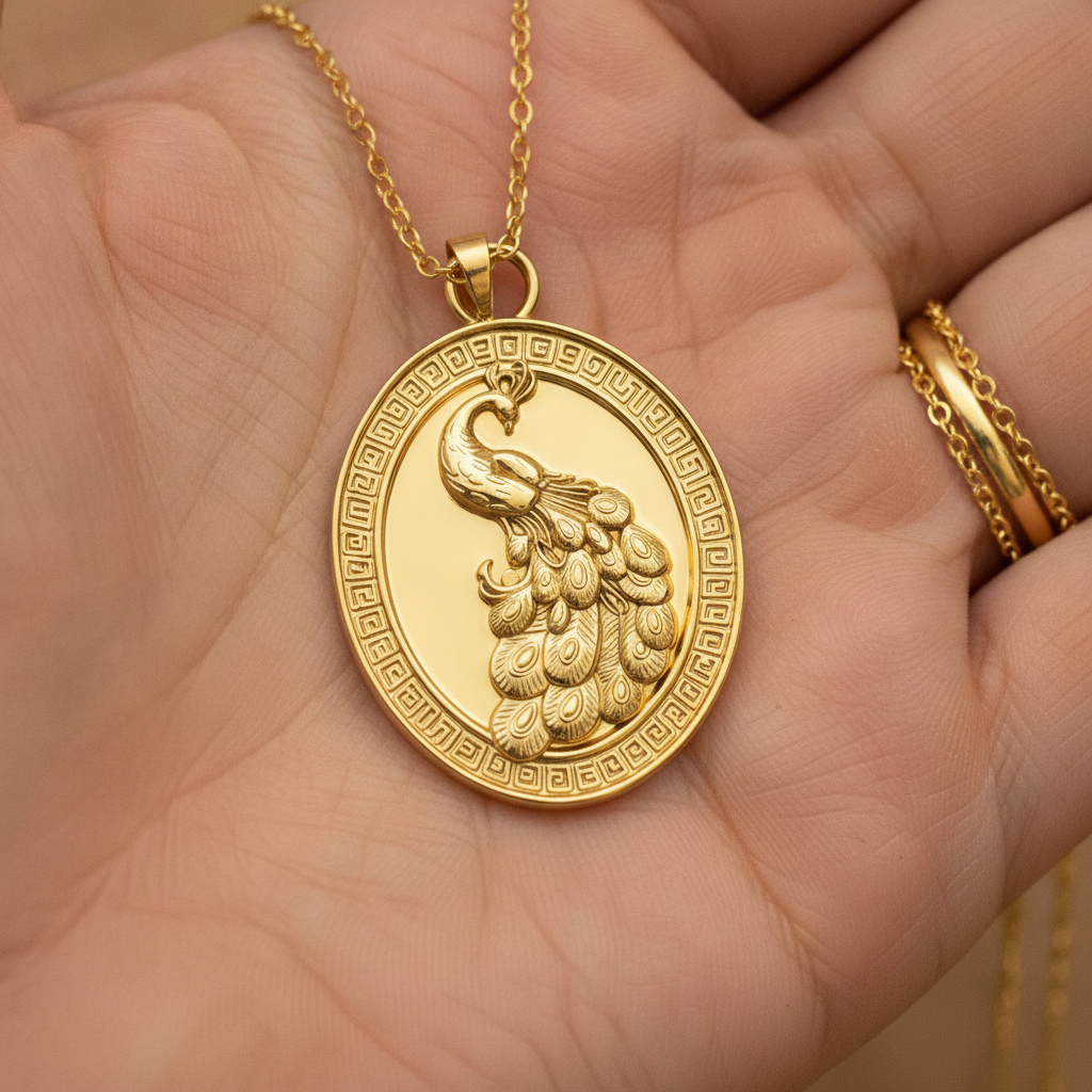 Gothic Peacock Coin Pendant Necklace | 9K Gold, Sterling Silver & Polished Yellow Brass | Art Nouveau Peacock Medallion | Nature Bird Jewelry | Gift for Her