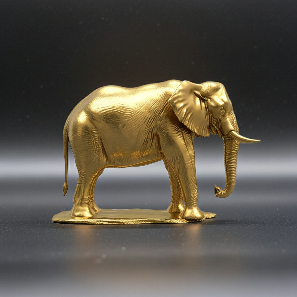 Majestic Golden Elephant Statue in gold finish by MokshaGoldSculptures, featuring detailed decorative textures.