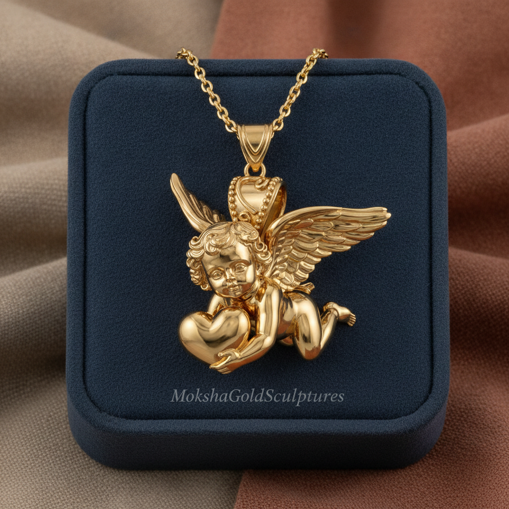 Golden Cherub with Heart Pendant Necklace | Angel of Love & Protection | 9K Gold, Sterling Silver or Polished Brass | Handmade Religious Jewelry Gift