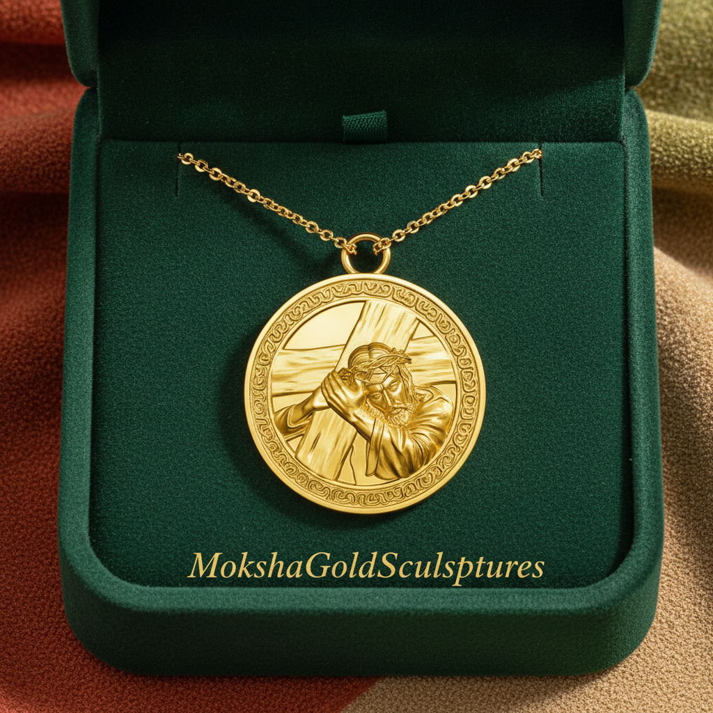 The Jesus Carrying the Cross Medallion Pendant in 9K gold by MokshaGoldSculptures, pictured in a green box.