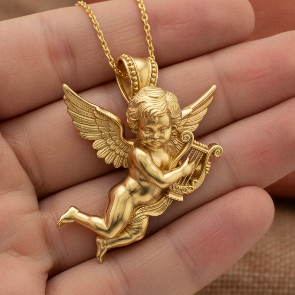 Golden Cherub Harp Pendant Necklace, Guardian Angel Jewelry, 9K Gold Angel Pendant, Sterling Silver Cherub Necklace, Religious Gift