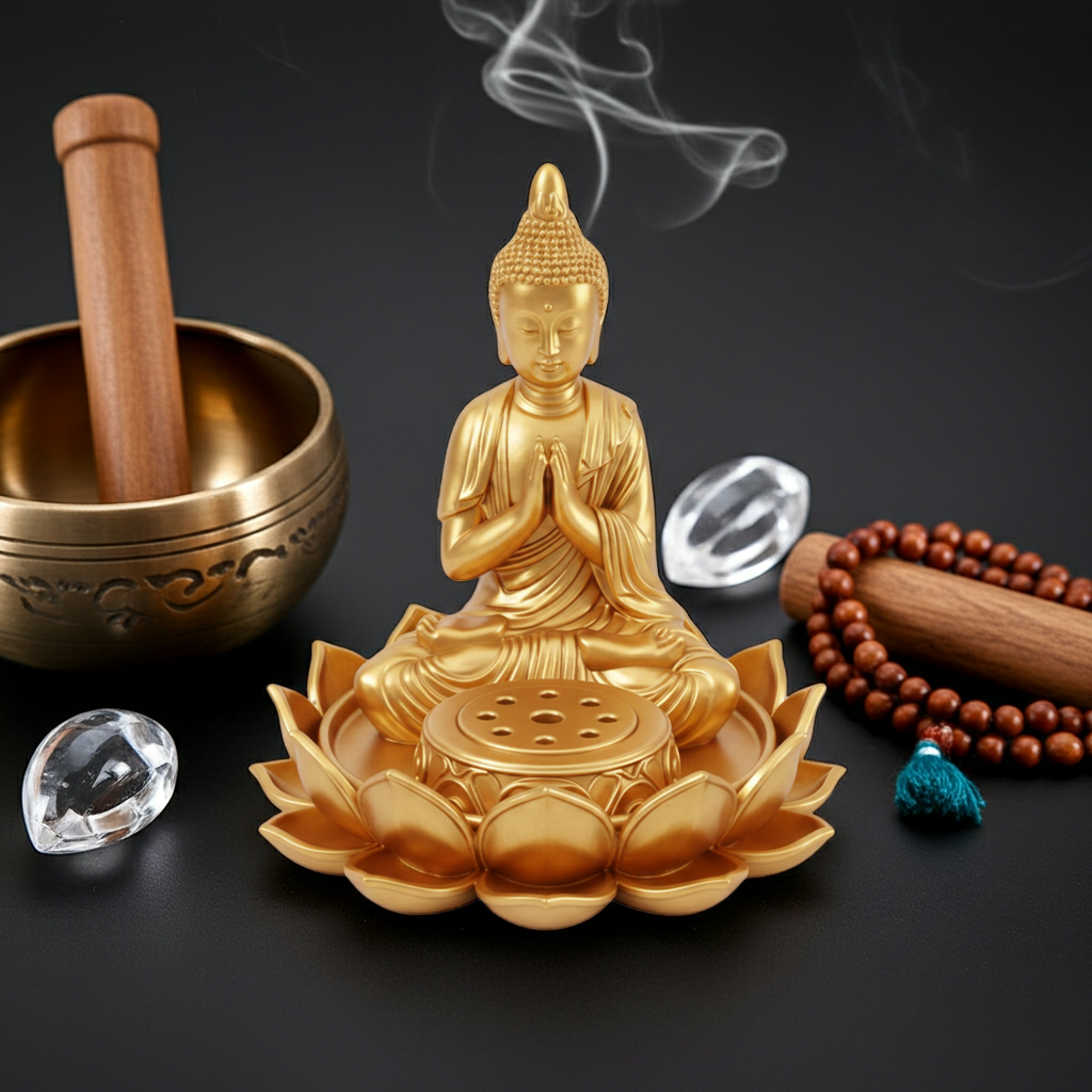 The Lotus Buddha Incense Holder in 3D printed PLA, matte finish by MokshaGoldSculptures on a lotus base.