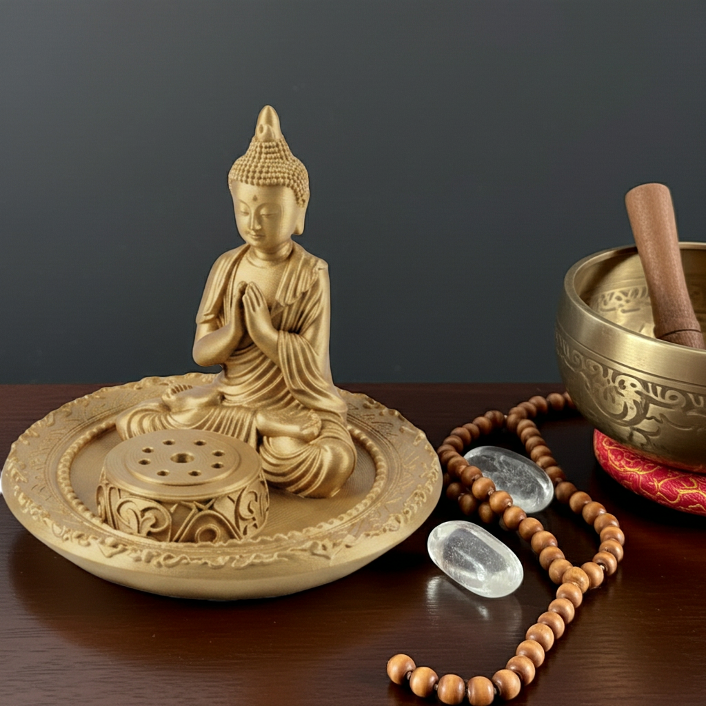 The Buddha Incense Holder Tray in gold, black, or silver-grey resin by MokshaGoldSculptures.
