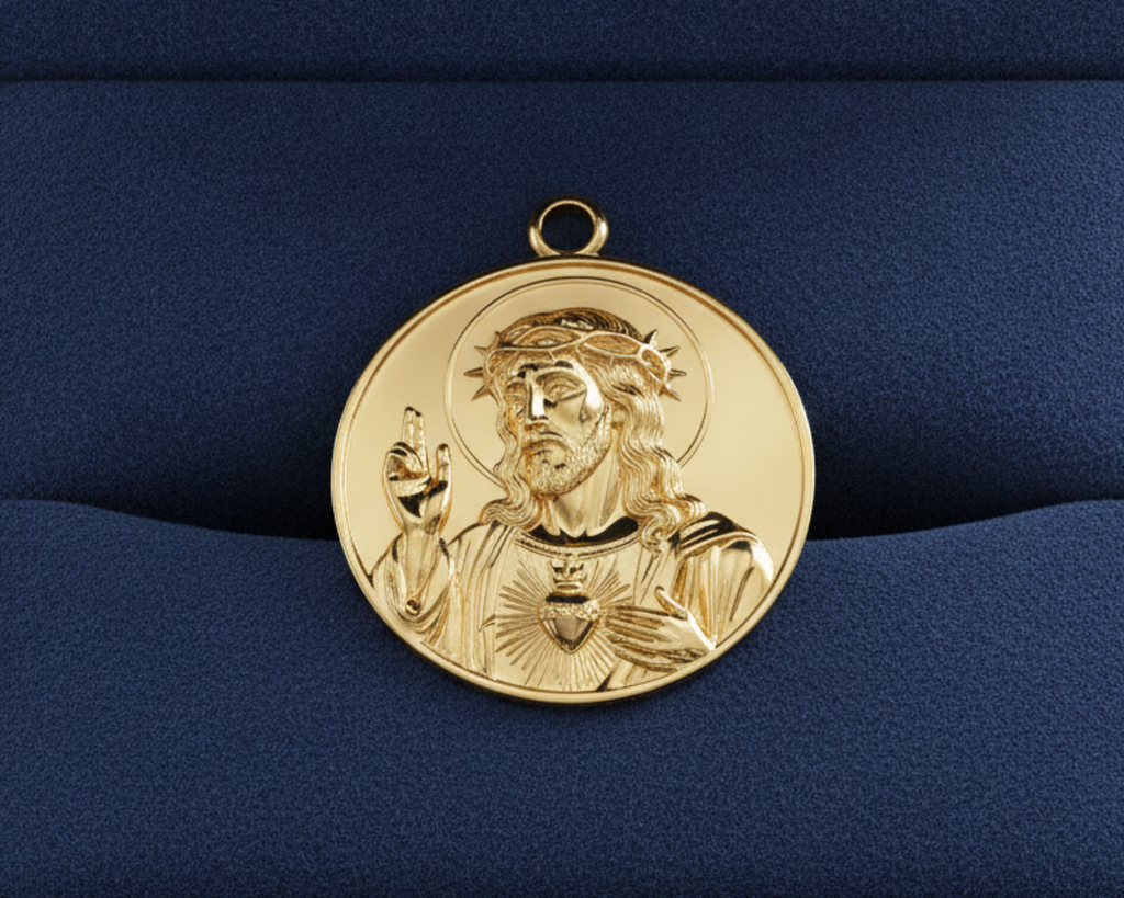 Jesus Sacred Heart Coin Pendant Necklace | 18K Gold Plated, Sterling Silver or Polished Brass | Christian Medallion | Catholic Religious Jewellery | 30mm