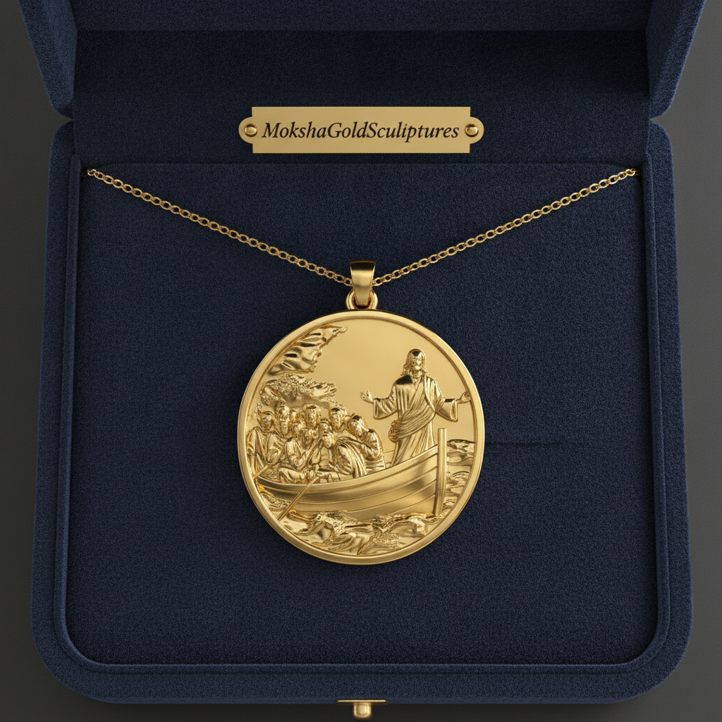 Jesus Calms the Storm Coin Pendant Necklace | 30mm Christian Medallion | 18K Gold, Sterling Silver or Yellow Brass | Religious Gift