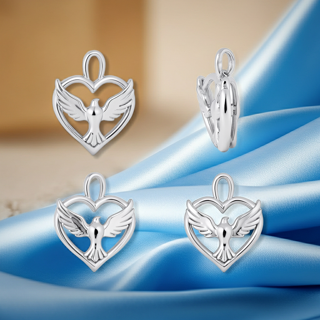 Holy Spirit Dove Heart Pendant – 35mm Polished Silver or Brass – Religious Charm, Christian Jewelry, 3D Relief Pendant