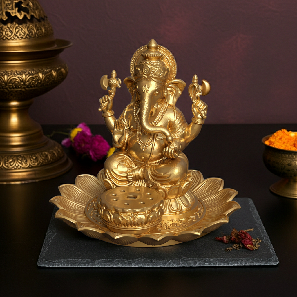 Golden Ganesh Incense Holder with Lotus Base – PLA 3D Printed Spiritual Decor – Meditation Ash Catcher – Hindu Home Temple Gift – Free Shipping