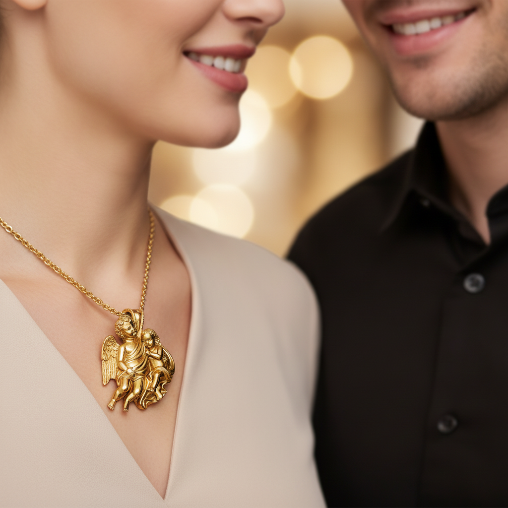 Golden Cherub Duo Pendant Necklace | Guardian Angel Jewelry | 9K Gold, Sterling Silver & Yellow Brass | Handmade Religious Gift