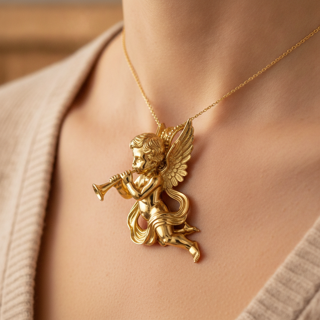 Golden Cherub Flute Pendant Necklace | Guardian Angel Jewelry | 9K Gold, Sterling Silver & Yellow Brass