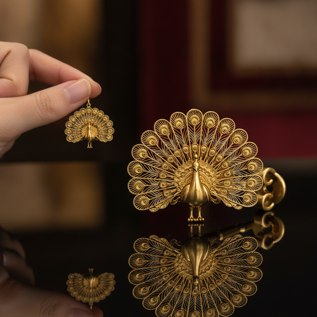 Peacock Fan Tail Stud Earrings in 9K gold, sterling silver, or brass by MokshaGoldSculptures displayed on a hand.