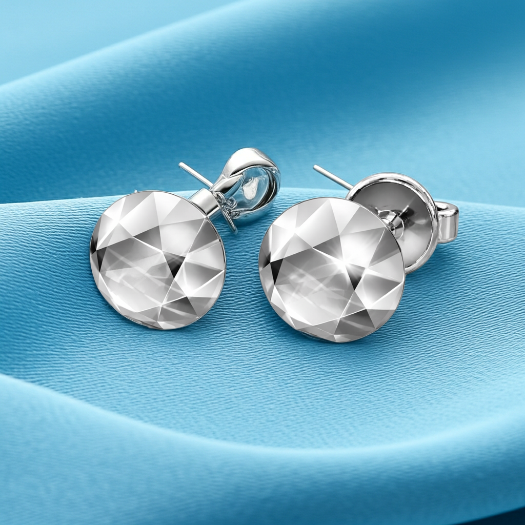 Faceted Round Stud Earring – 10mm Geometric Dome Stud in Polished Silver / Polished Brass
