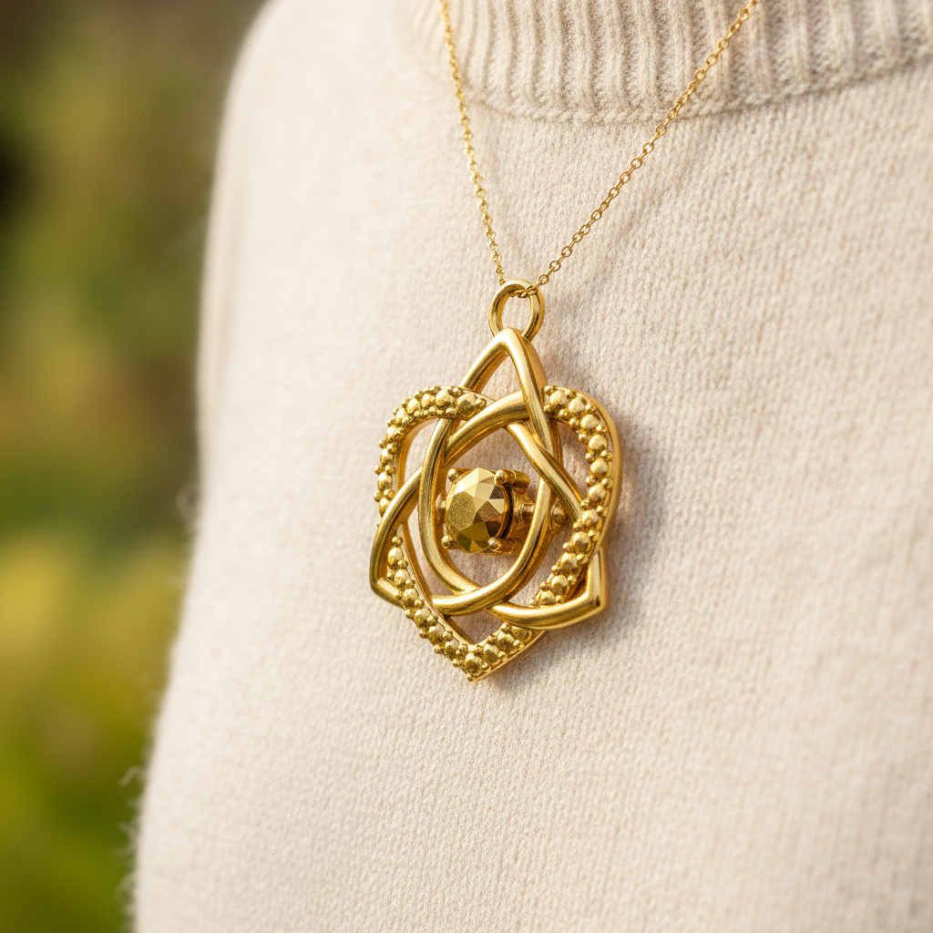 Celtic Trinity Knot Heart Emerald Pendant Necklace in 9K Gold by MokshaGoldSculptures shown on model.