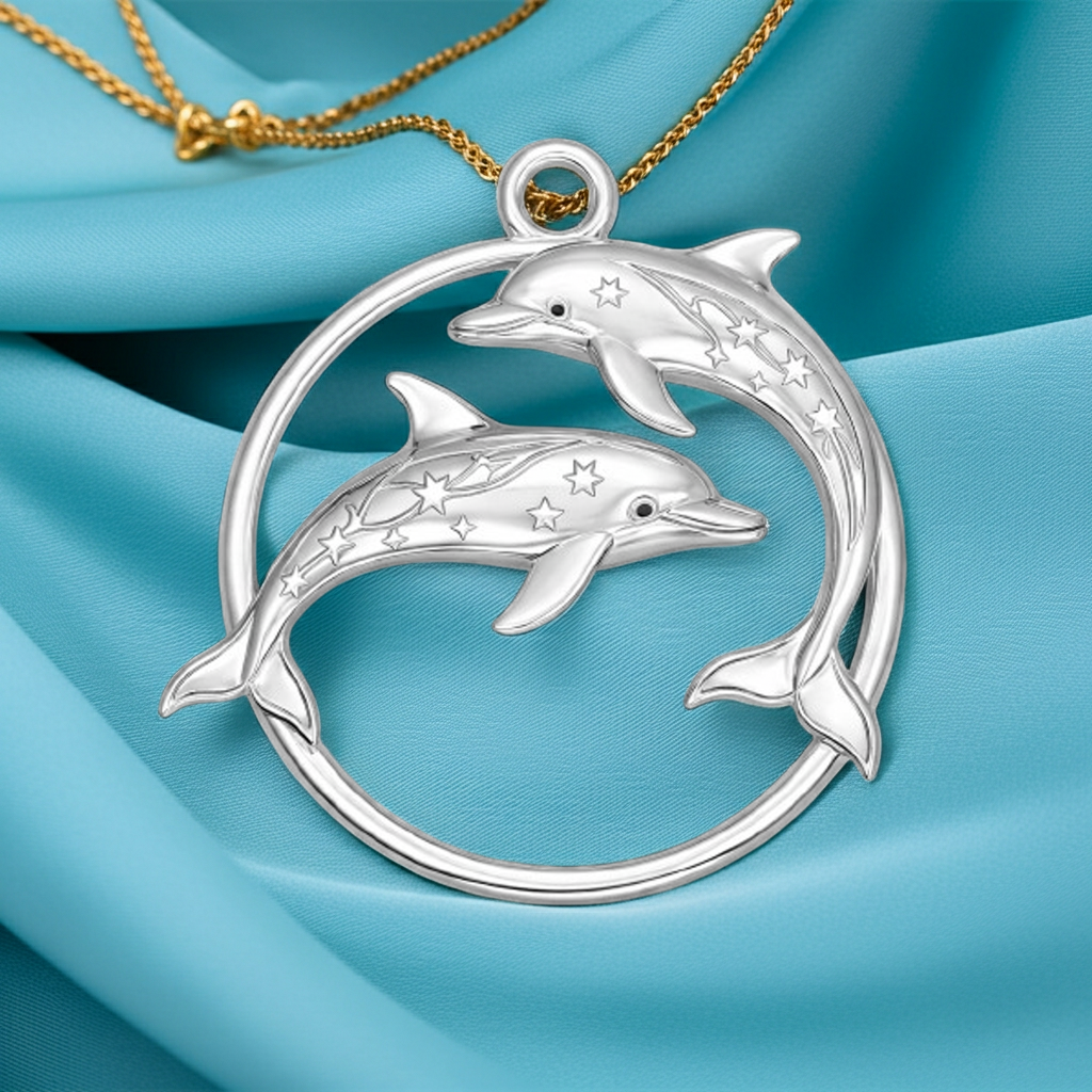 Polished Sterling Silver Dolphin Circle Pendant – Celestial Star Engraved Double Dolphin Necklace Charm – 25x23mm