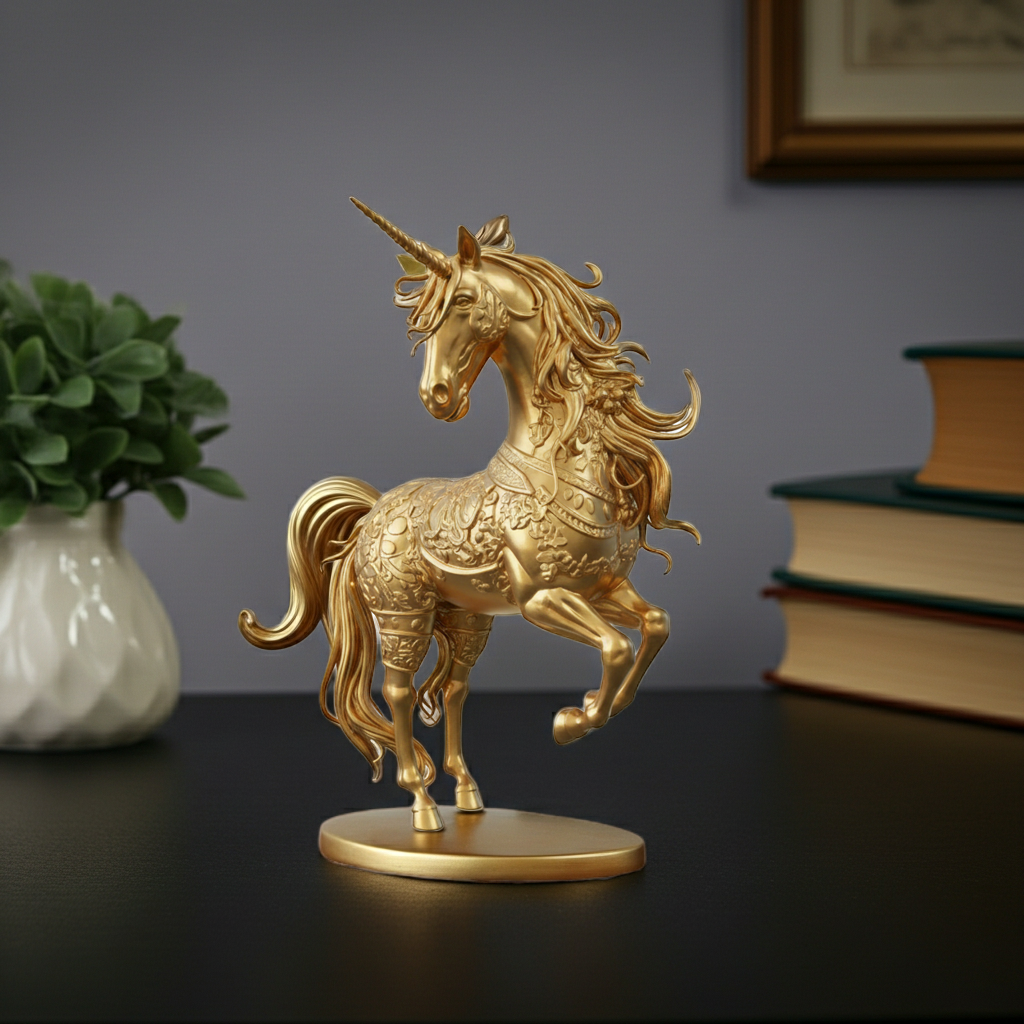 The Golden Unicorn Statue 250mm in gold finish by MokshaGoldSculptures, fantasy decor on desk with books and plant.