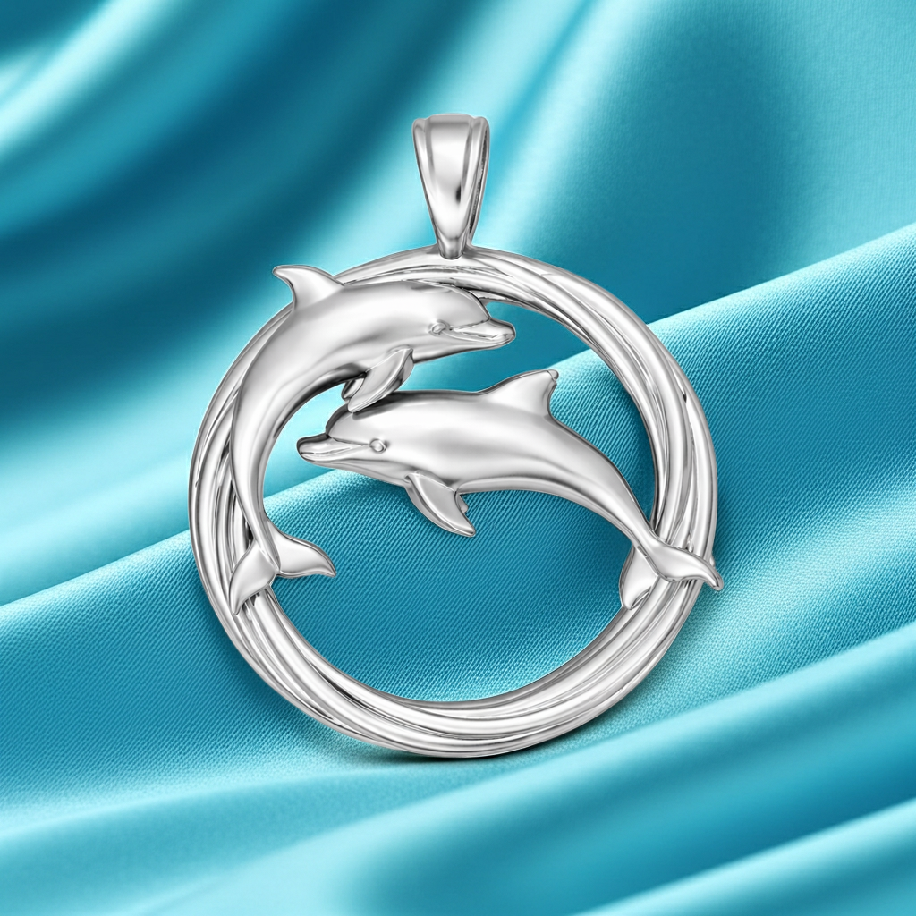 Polished Dolphin Circle Pendant with Bail – Classic Double Dolphin Necklace Charm – 29 x 23 mm