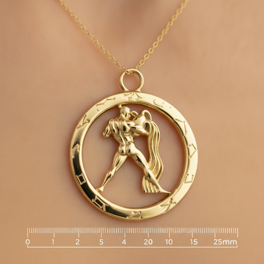 Aquarius Zodiac Pendant Necklace in 9K gold, silver, or brass by MokshaGoldSculptures featuring the water bearer motif.