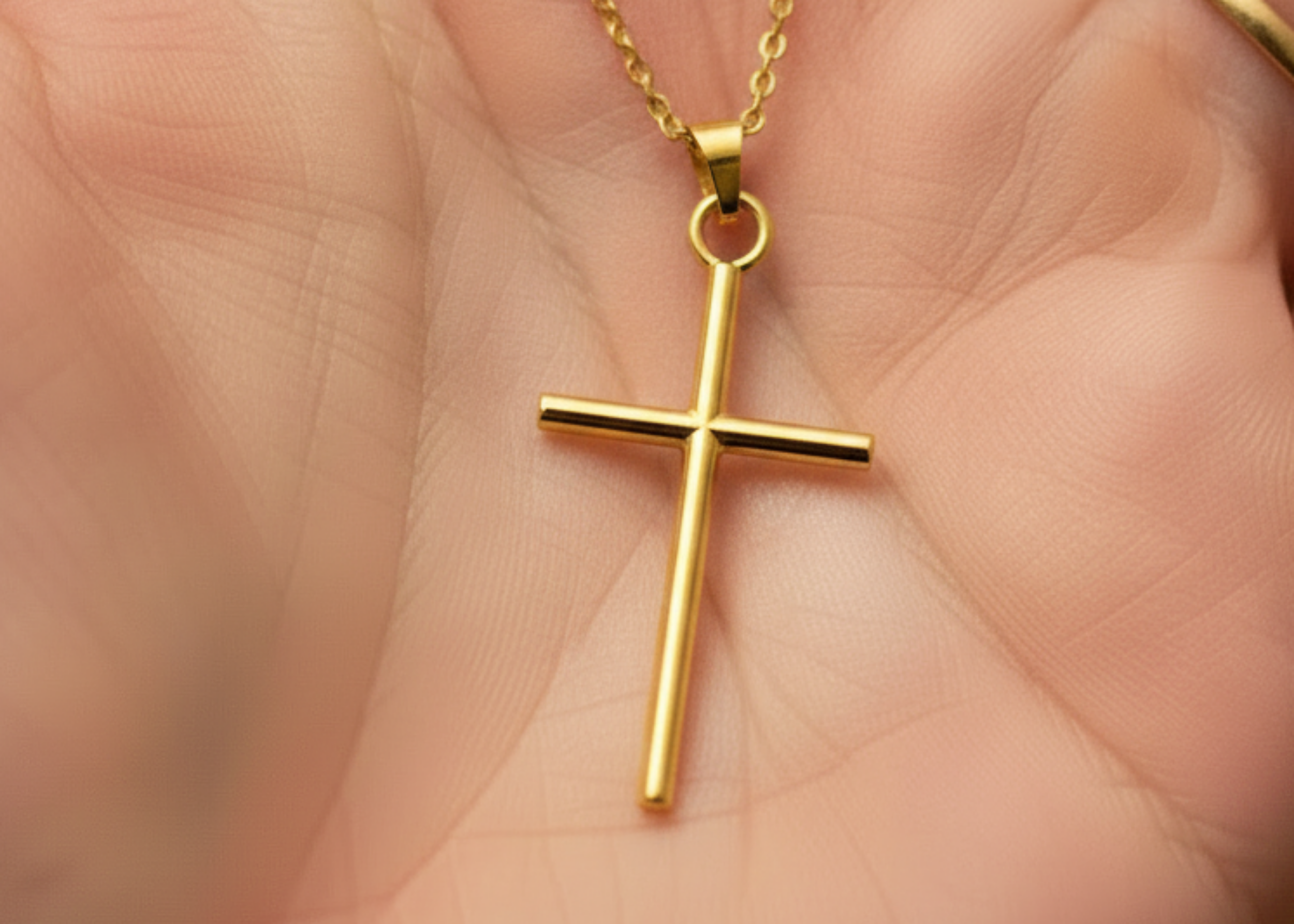 Minimalist Cross Pendant Necklace in 9K gold by MokshaGoldSculptures, shown on hand with gold ring, soft background.