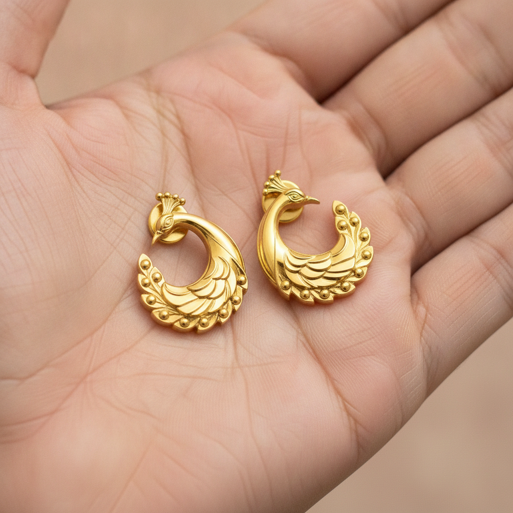 Peacock Stud Earrings – 9K Gold, Sterling Silver 925 or Polished Brass | Elegant Peacock Bird Earrings | Nature Inspired Jewellery | Handmade Gift for Her