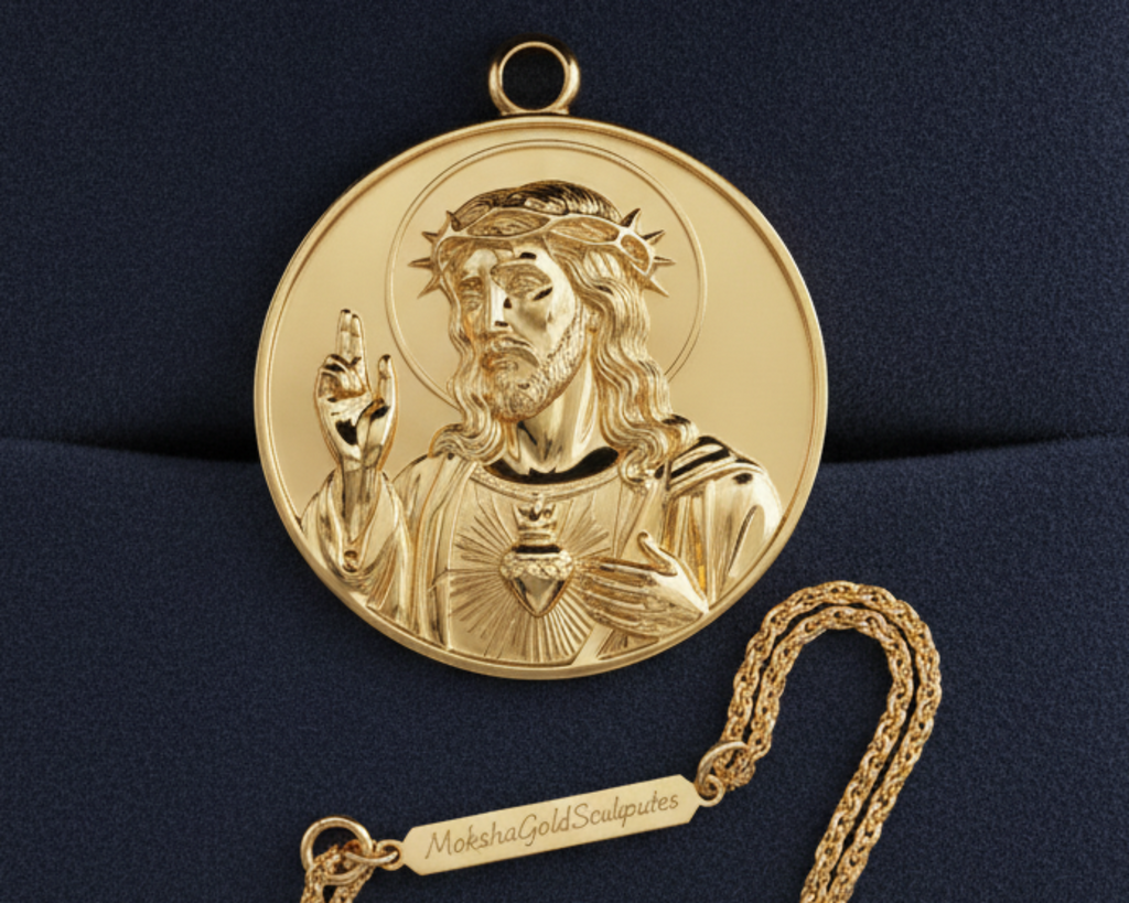 Jesus Sacred Heart Coin Pendant Necklace | 18K Gold Plated, Sterling Silver or Polished Brass | Christian Medallion | Catholic Religious Jewellery | 30mm