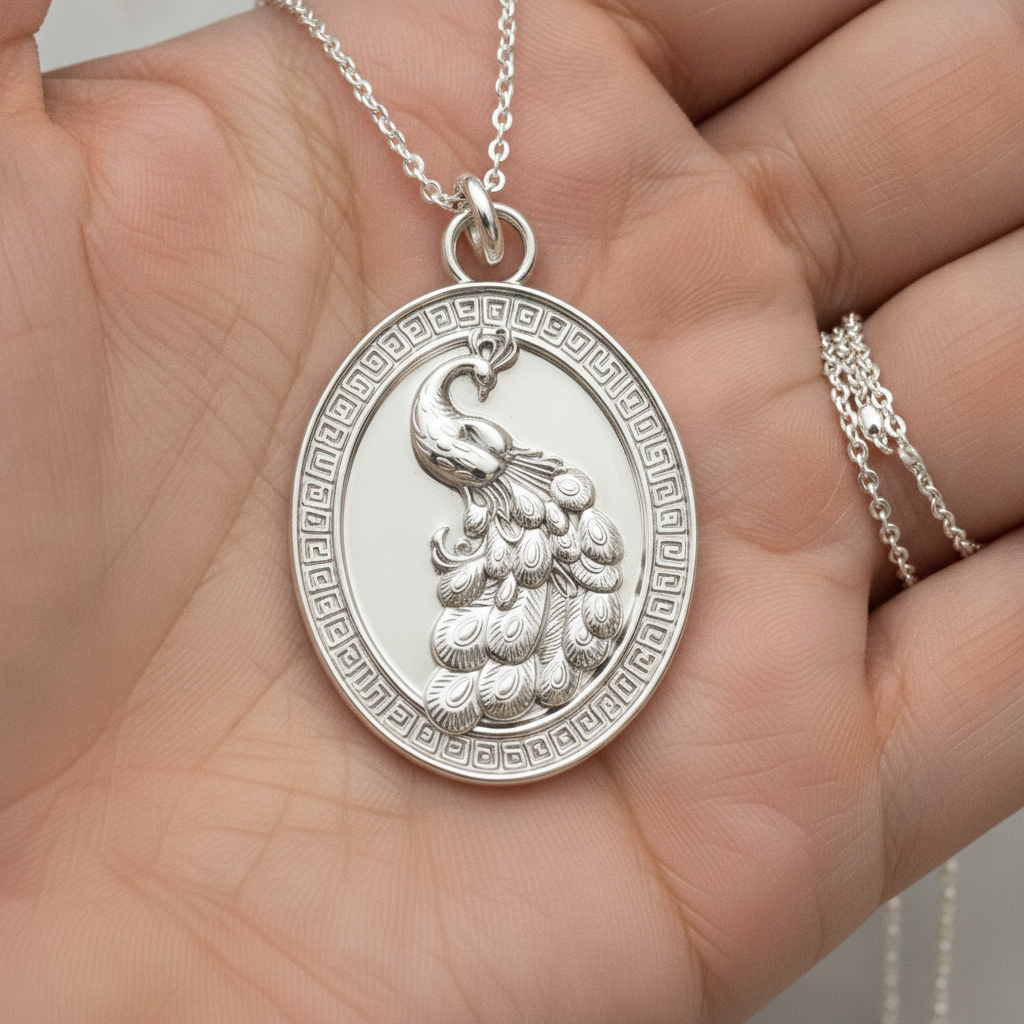 Gothic Peacock Coin Pendant Necklace | 9K Gold, Sterling Silver & Polished Yellow Brass | Art Nouveau Peacock Medallion | Nature Bird Jewelry | Gift for Her