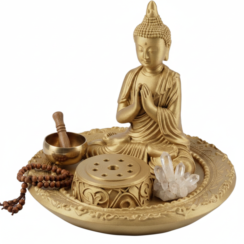 The Buddha Incense Holder Tray in gold resin by MokshaGoldSculptures, ornate finish with 3D Buddha and ash catcher.
