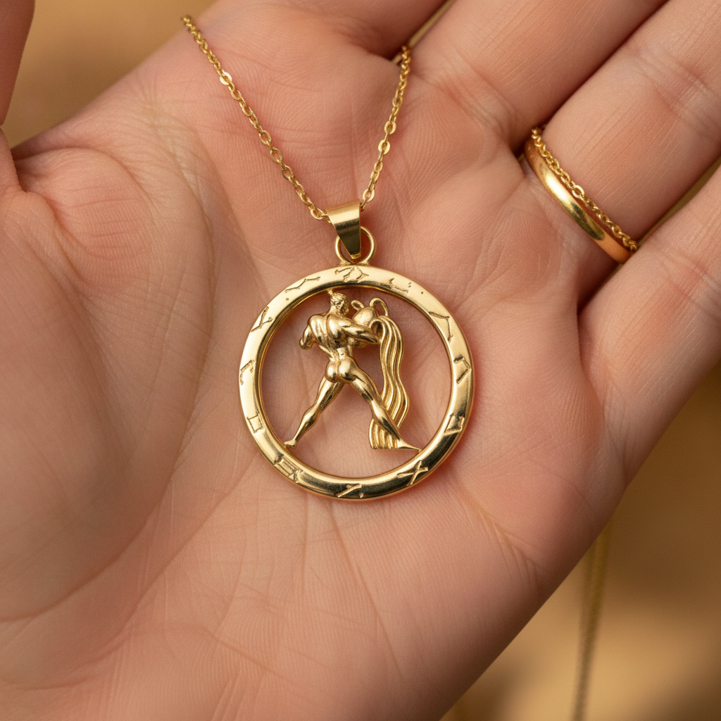 Aquarius Zodiac Pendant Necklace in gold by MokshaGoldSculptures, circular Water Bearer symbol, high polish finish.