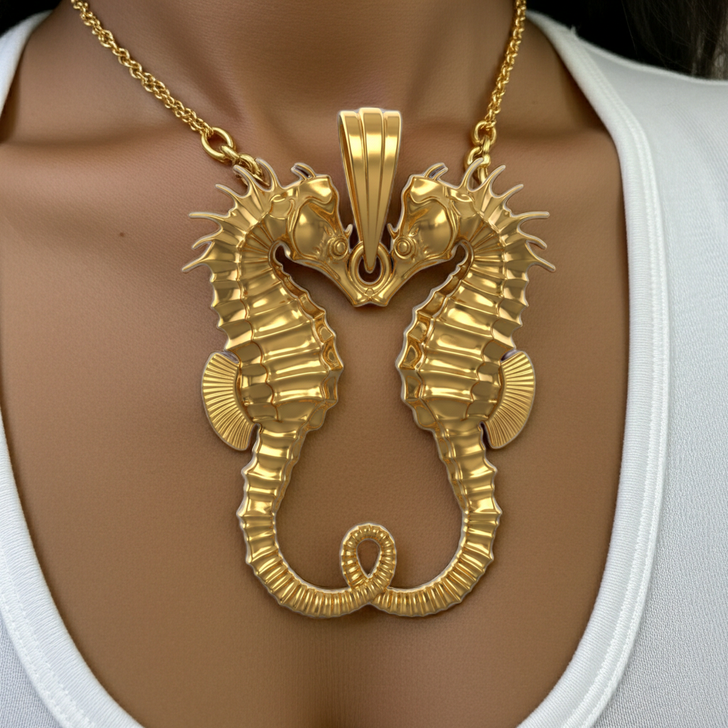 Seahorse Couple Pendant Necklace in gold by MokshaGoldSculptures, two seahorses entwined, worn on white top.