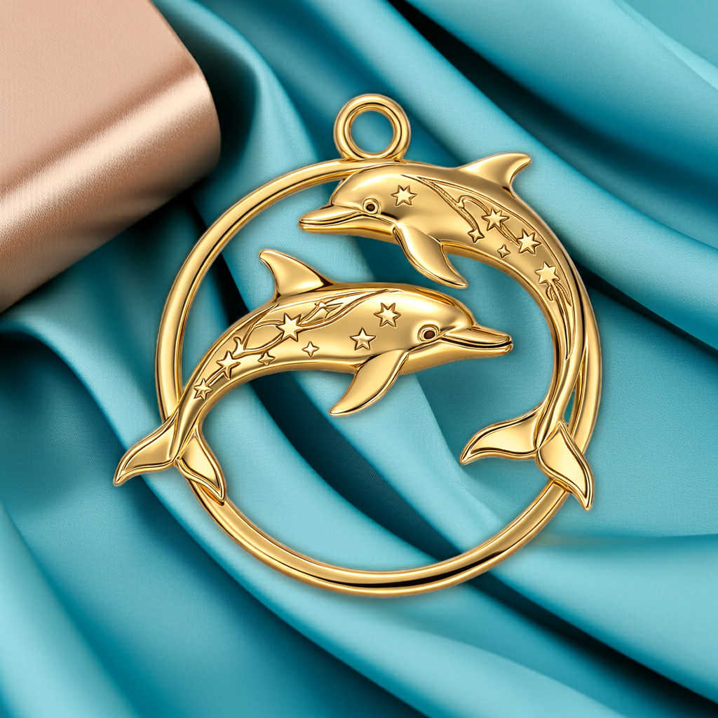 Polished Gold Dolphin Circle Pendant – Celestial Double Dolphin Necklace Charm – 25 x 23 mm