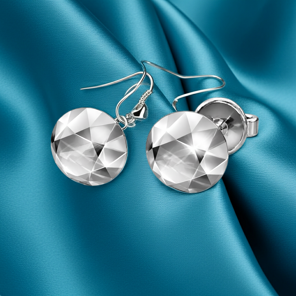 Faceted Round Stud Earring – 10mm Geometric Dome Stud in Polished Silver / Polished Brass