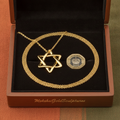 The Interlaced Star of David Pendant Necklace in 18K gold, silver, brass by MokshaGoldSculptures in box.