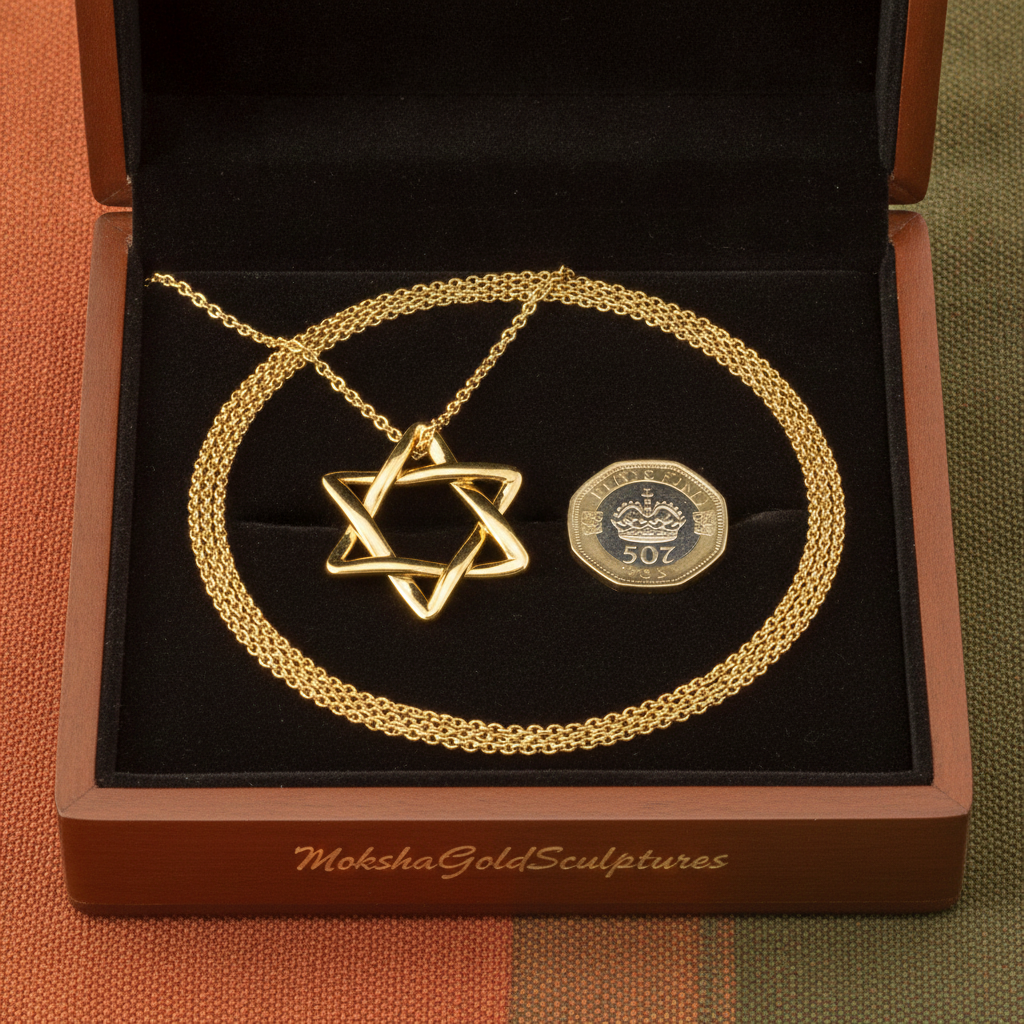 The Interlaced Star of David Pendant Necklace in 18K gold, silver, brass by MokshaGoldSculptures in box.