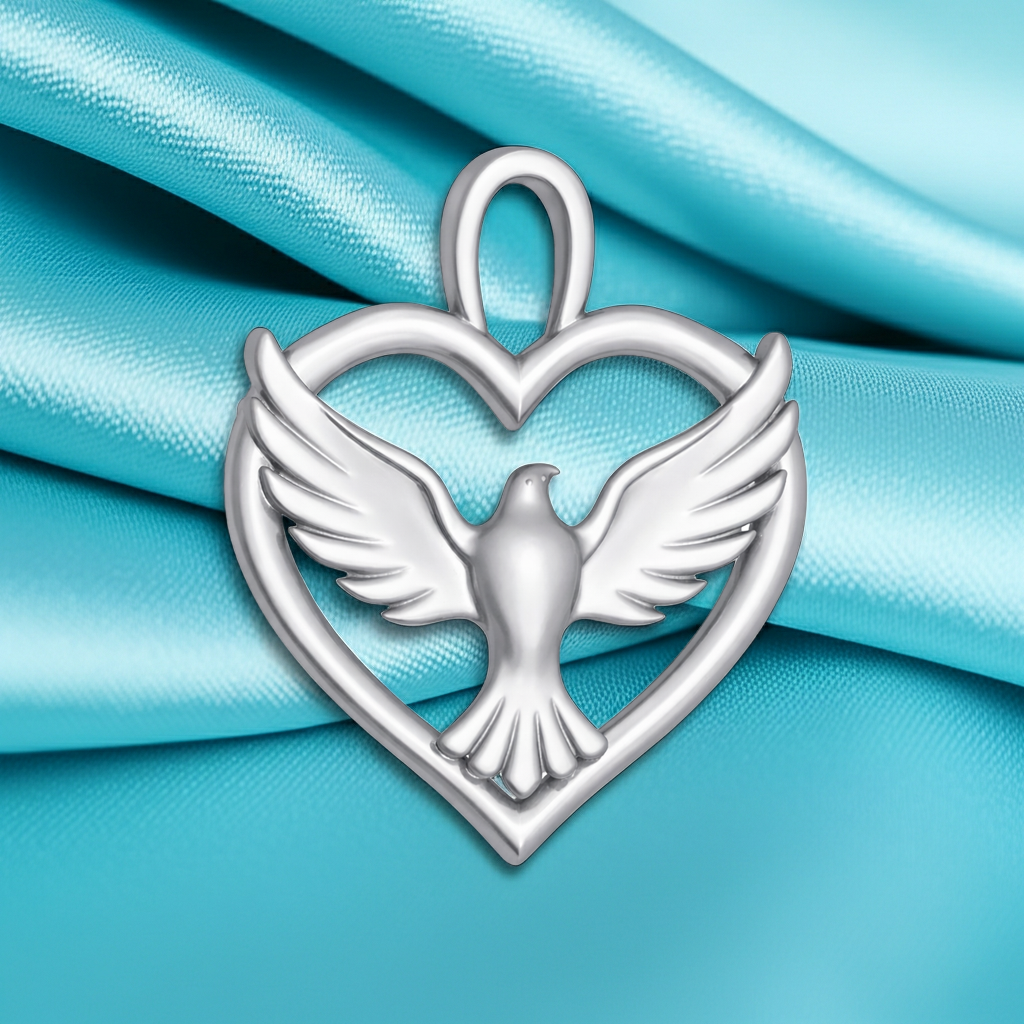 Holy Spirit Dove Heart Pendant – 35mm Polished Silver or Brass – Religious Charm, Christian Jewelry, 3D Relief Pendant