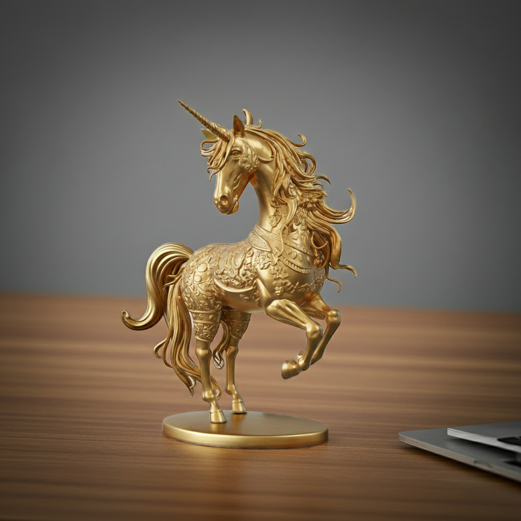 Golden Unicorn Statue 250mm in polished gold finish by MokshaGoldSculptures, flowing mane, raised leg, desk decor.