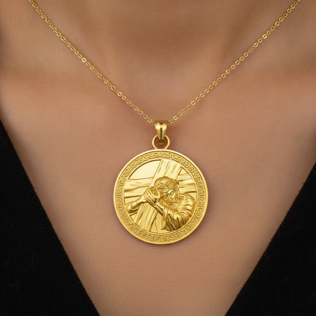 Jesus Carrying the Cross Medallion Pendant in 9K gold, round embossed finish by MokshaGoldSculptures.
