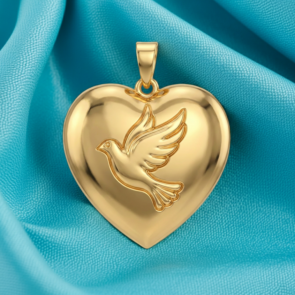 Holy Spirit Dove Heart Pendant – 30mm Polished Yellow Gold – Christian Faith Necklace, Religious 3D Relief Charm