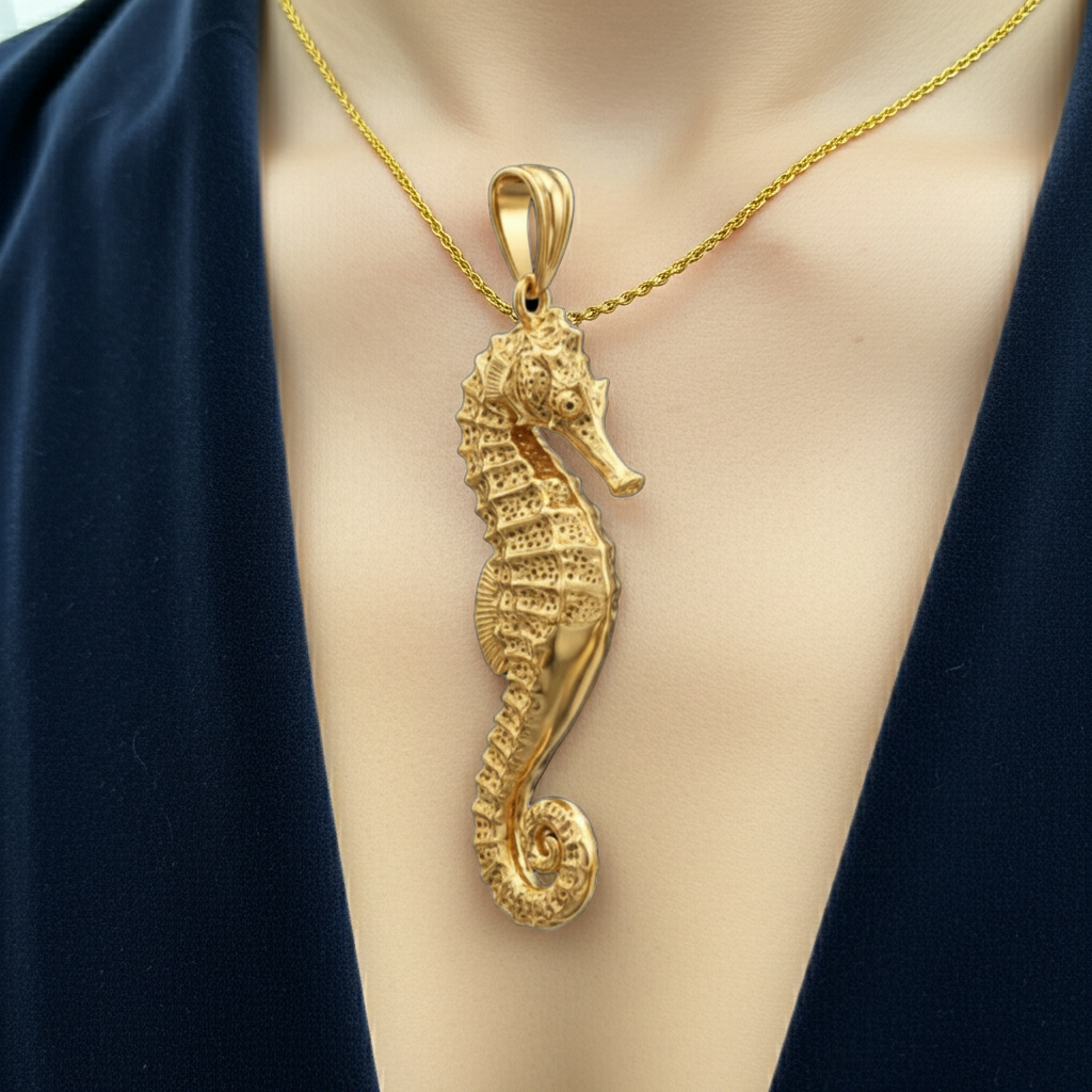 MokshaGoldSculptures Seahorse Pendant Necklace in gold, silver & brass finish on fine gold chain, worn with navy top.