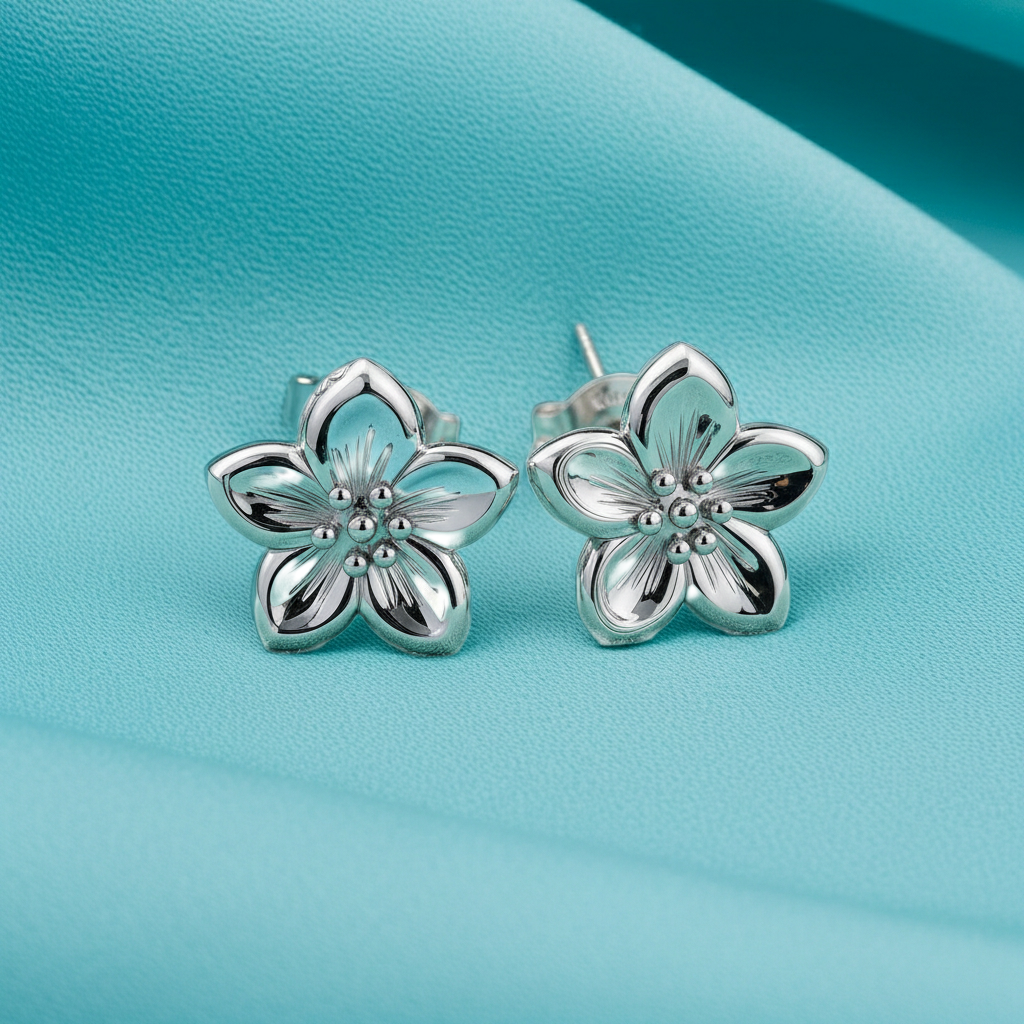 Silver Cherry Blossom Earrings, Floral Stud Earrings, Polished Brass Flower Earrings, Minimalist Handmade Jewellery