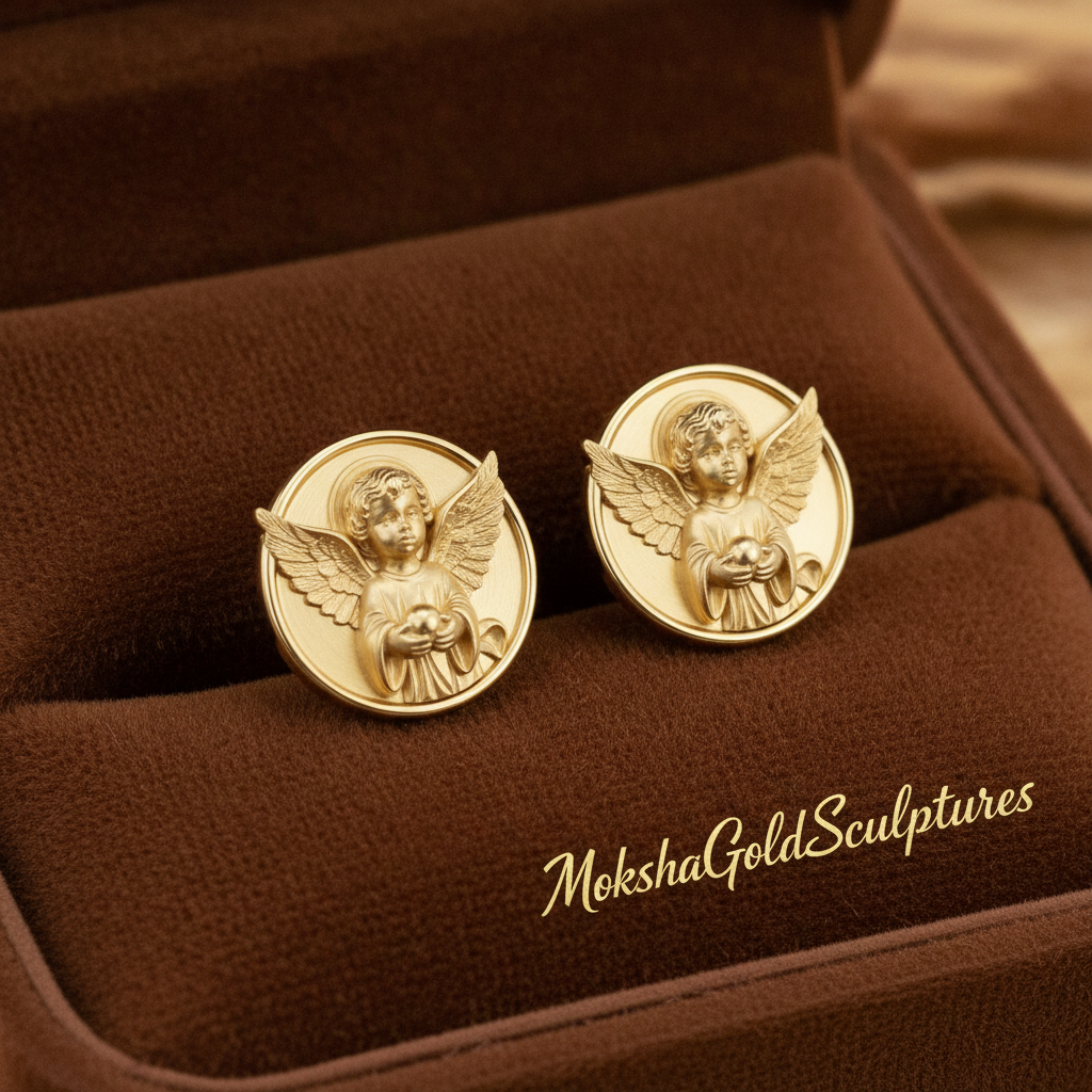 Angel Cherub Medallion Stud Earrings | 9K Gold, Sterling Silver or Brass | Celestial Angel Earrings | Religious Jewelry | Handmade Gift for Her