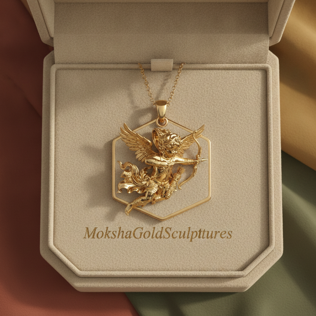 Winged Cupid Archer Pendant Necklace | Cherub Angel with Bow & Arrow | Handmade in 9K Gold, Sterling Silver & Yellow Brass