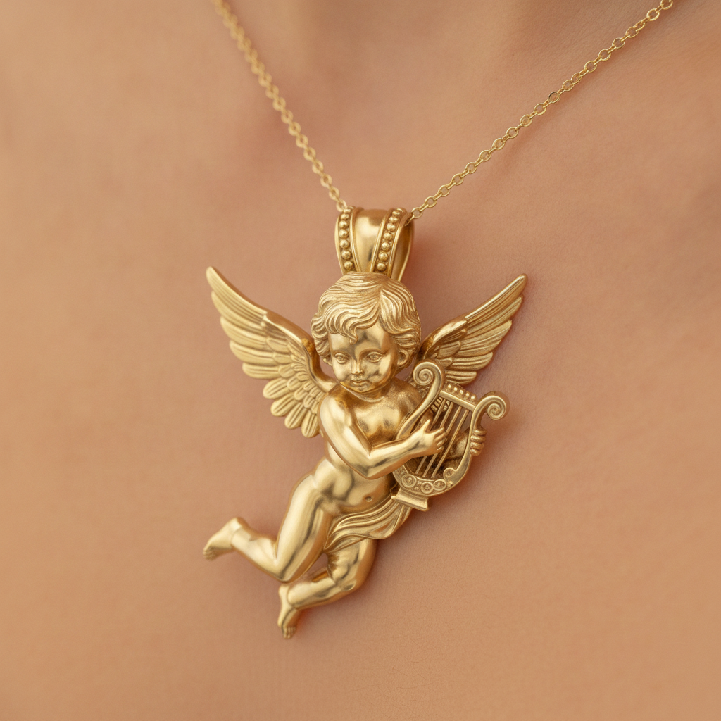 Golden Cherub Harp Pendant Necklace, Guardian Angel Jewelry, 9K Gold Angel Pendant, Sterling Silver Cherub Necklace, Religious Gift