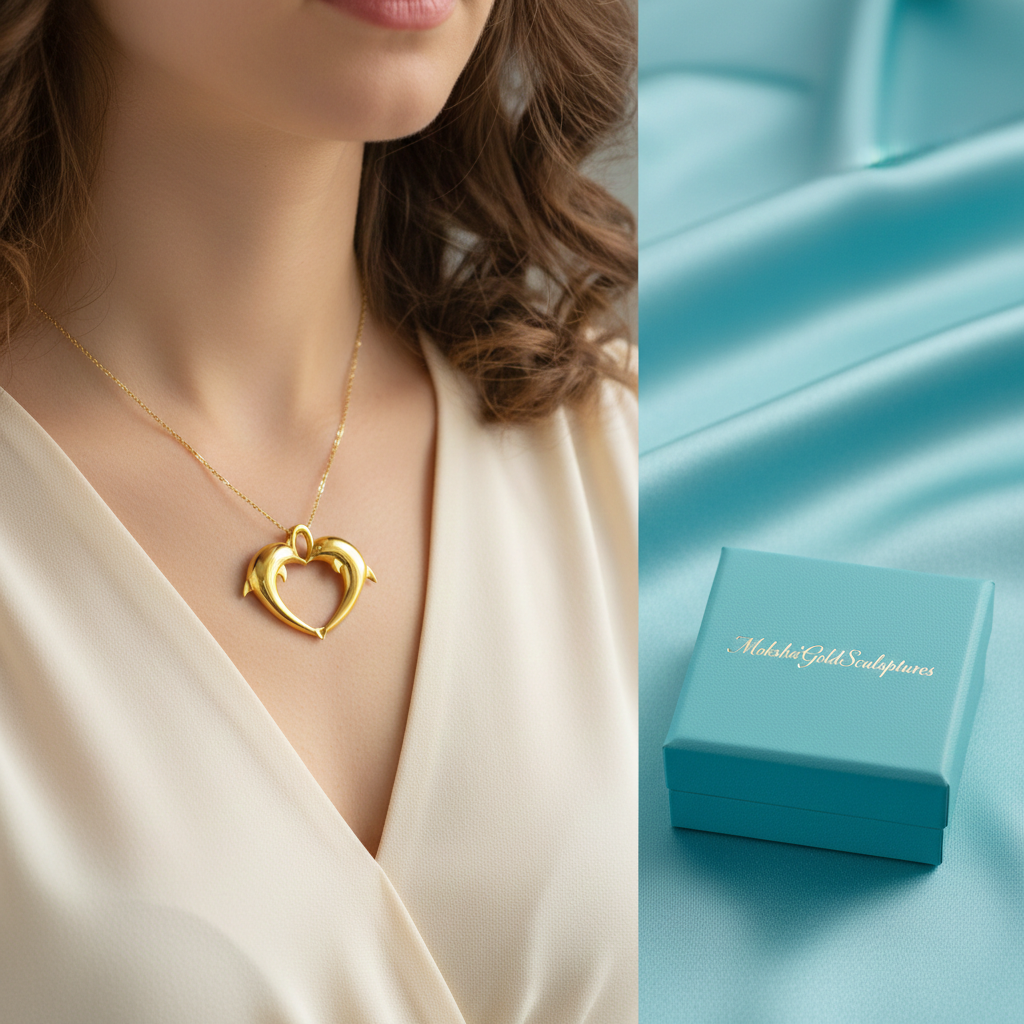 Gold Double Dolphin Heart Pendant with Integrated Bail – Polished Finish – 29 x 24 mm