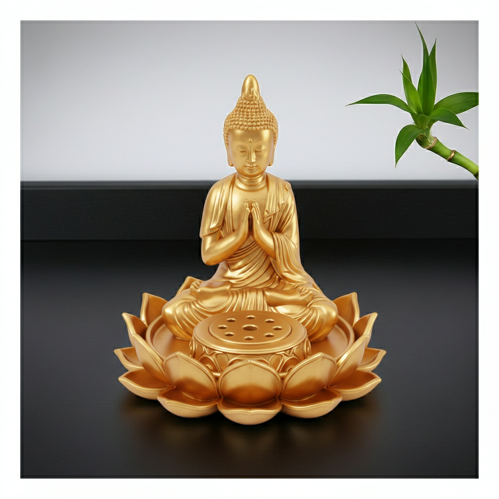 The Lotus Buddha Incense Holder in gold PLA finish by MokshaGoldSculptures with lotus base and incense holes.